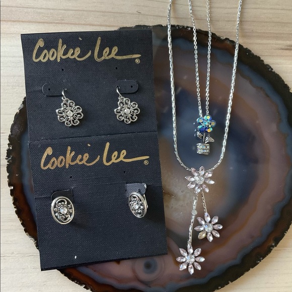 Cookie Lee CZ flower necklace silver crystal filigree earrings lot 4 - Picture 1 of 6